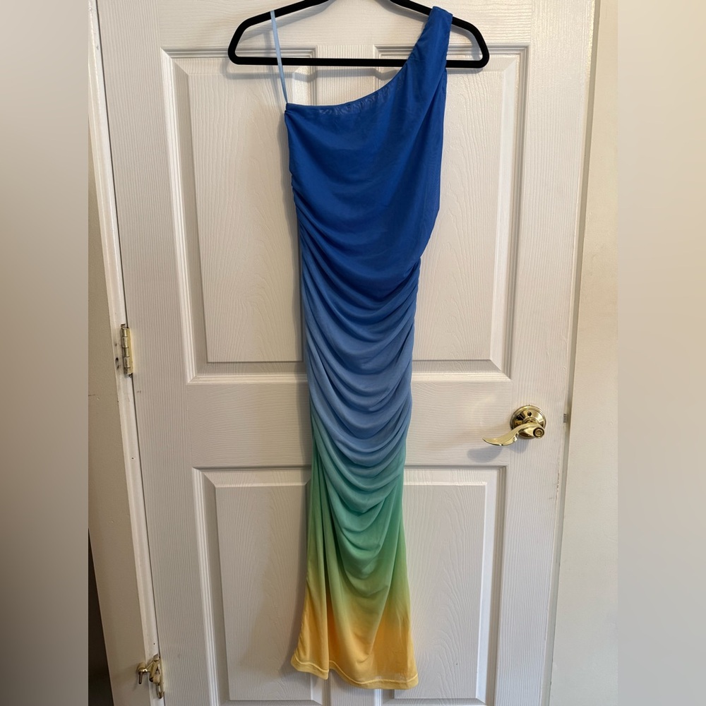 Runaway the Label Blue Green Yellow Ombre One-Shoulder Dress (size Medium)
